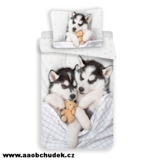 Povlečení Husky štěňata s medvídkem 